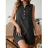image:imageCHARTOU Women Summer Denim Mini Dress Argyle V Neck Buttons Sleeveless Shift Jean Dress with PocketsBlack