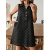 image:imageCHARTOU Women Summer Denim Mini Dress Argyle V Neck Buttons Sleeveless Shift Jean Dress with PocketsBlack