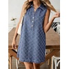 image:imageCHARTOU Women Summer Denim Mini Dress Argyle V Neck Buttons Sleeveless Shift Jean Dress with PocketsBlue