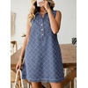 image:imageCHARTOU Women Summer Denim Mini Dress Argyle V Neck Buttons Sleeveless Shift Jean Dress with PocketsBlue