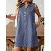 image:imageCHARTOU Women Summer Denim Mini Dress Argyle V Neck Buttons Sleeveless Shift Jean Dress with PocketsBlue