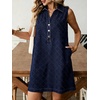 image:imageCHARTOU Women Summer Denim Mini Dress Argyle V Neck Buttons Sleeveless Shift Jean Dress with PocketsDark Blue