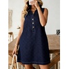 image:imageCHARTOU Women Summer Denim Mini Dress Argyle V Neck Buttons Sleeveless Shift Jean Dress with PocketsDark Blue
