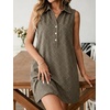 image:imageCHARTOU Women Summer Denim Mini Dress Argyle V Neck Buttons Sleeveless Shift Jean Dress with PocketsGreen