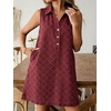 image:imageCHARTOU Women Summer Denim Mini Dress Argyle V Neck Buttons Sleeveless Shift Jean Dress with PocketsRed