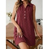 image:imageCHARTOU Women Summer Denim Mini Dress Argyle V Neck Buttons Sleeveless Shift Jean Dress with PocketsRed