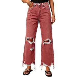 image:imageCHARTOU Ripped Flare Jeans for Women High Waisted Bell Bottom Wide Leg Cropped Jeans Distressed Baggy PantsWine