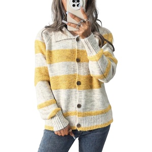 image:imageCHARTOU Women Cozy Color Block Striped Cardigan Sweater Button Up Lapel Collar Fall Sweater CoatYellow