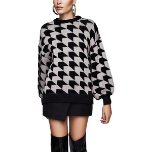 image:imageCHARTOU Women Fall Winter Color Block Pullover Sweater Geometric Checkered Balloon Long Sleeve Knitted TopBlack