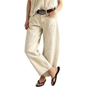 image:imageCHARTOU Women Floral Barrel Jeans Patchwork Boyfriend Baggy Wide Leg Denim Pants Y2k Patchwork Summer JeansBeige