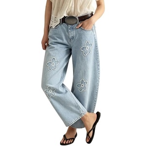 image:imageCHARTOU Women Floral Barrel Jeans Patchwork Boyfriend Baggy Wide Leg Denim Pants Y2k Patchwork Summer JeansLight Blue