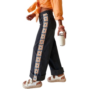 image:imageCHARTOU Women Floral Crochet Patchwork Jeans Baggy Roll Hem High Rise Wide Leg Denim Pants with PocketsBlack
