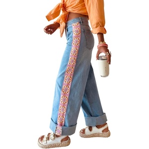 image:imageCHARTOU Women Floral Crochet Patchwork Jeans Baggy Roll Hem High Rise Wide Leg Denim Pants with PocketsBlue