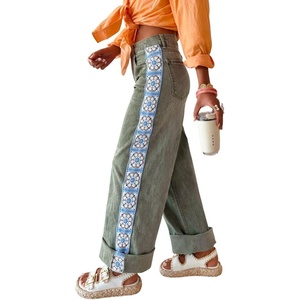 image:imageCHARTOU Women Floral Crochet Patchwork Jeans Baggy Roll Hem High Rise Wide Leg Denim Pants with PocketsGreen