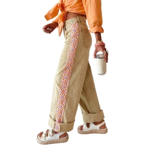 image:imageCHARTOU Women Floral Crochet Patchwork Jeans Baggy Roll Hem High Rise Wide Leg Denim Pants with PocketsKhaki