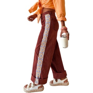 image:imageCHARTOU Women Floral Crochet Patchwork Jeans Baggy Roll Hem High Rise Wide Leg Denim Pants with PocketsWine