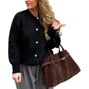 image:imageCHARTOU Women Fuzzy Wool Cardigan Sweater Fall Slouchy Balloon Long Sleeve Button Down Knit Sweater CoatBlack