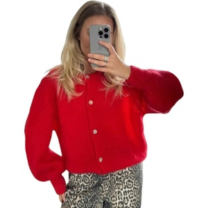 image:imageCHARTOU Women Fuzzy Wool Cardigan Sweater Fall Slouchy Balloon Long Sleeve Button Down Knit Sweater CoatRed