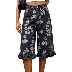 image:imageCHARTOU Women Knee Length Bermuda Jean Shorts Y2k Floral Patchwork Ruffle Hem Flare Wide Leg Denim ShortsBlack