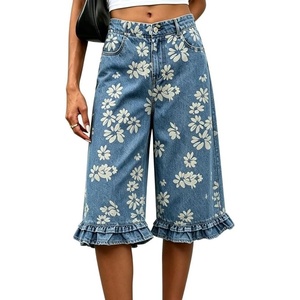 image:imageCHARTOU Women Knee Length Bermuda Jean Shorts Y2k Floral Patchwork Ruffle Hem Flare Wide Leg Denim ShortsBlue