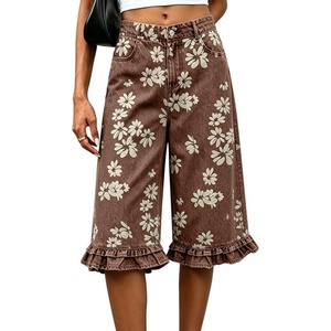 image:imageCHARTOU Women Knee Length Bermuda Jean Shorts Y2k Floral Patchwork Ruffle Hem Flare Wide Leg Denim ShortsBrown