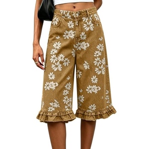 image:imageCHARTOU Women Knee Length Bermuda Jean Shorts Y2k Floral Patchwork Ruffle Hem Flare Wide Leg Denim ShortsKhaki