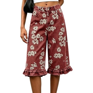 image:imageCHARTOU Women Knee Length Bermuda Jean Shorts Y2k Floral Patchwork Ruffle Hem Flare Wide Leg Denim ShortsRed