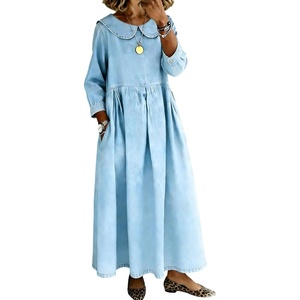 image:imageCHARTOU Women Peter Pan Collar Denim Maxi Dress Cute 34 Sleeve Loose Long Jean Dress with Pockets Large Light Blue