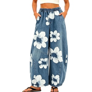 image:imageCHARTOU Women Pull On Barrel Jeans Floral Elastic Waist Denim Pants Baggy Wide Leg Jeans SweatpantsBlue