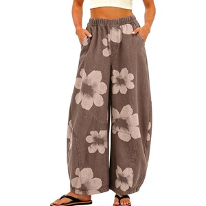 image:imageCHARTOU Women Pull On Barrel Jeans Floral Elastic Waist Denim Pants Baggy Wide Leg Jeans SweatpantsBrown