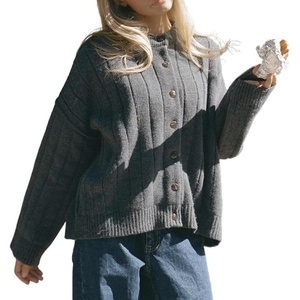 image:imageCHARTOU Women Slouchy Button Down Crop Cardigan Sweater Oversized Fall Winter Flared Long Sleeve TopDark Grey
