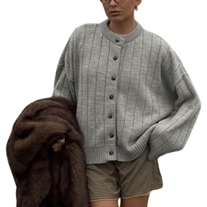 image:imageCHARTOU Women Slouchy Button Down Crop Cardigan Sweater Oversized Fall Winter Flared Long Sleeve TopGrey