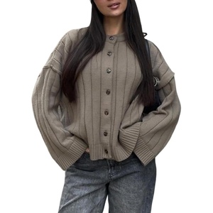 image:imageCHARTOU Women Slouchy Button Down Crop Cardigan Sweater Oversized Fall Winter Flared Long Sleeve TopKhaki