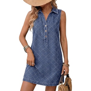 image:imageCHARTOU Women Summer Denim Mini Dress Argyle V Neck Buttons Sleeveless Shift Jean Dress with PocketsBlue