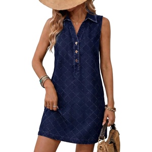 image:imageCHARTOU Women Summer Denim Mini Dress Argyle V Neck Buttons Sleeveless Shift Jean Dress with PocketsDark Blue