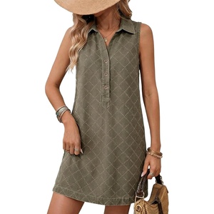 image:imageCHARTOU Women Summer Denim Mini Dress Argyle V Neck Buttons Sleeveless Shift Jean Dress with PocketsGreen