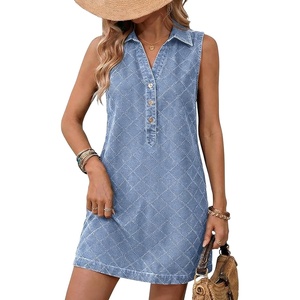 image:imageCHARTOU Women Summer Denim Mini Dress Argyle V Neck Buttons Sleeveless Shift Jean Dress with PocketsLight Blue