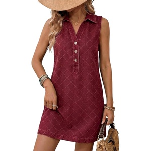 image:imageCHARTOU Women Summer Denim Mini Dress Argyle V Neck Buttons Sleeveless Shift Jean Dress with PocketsRed