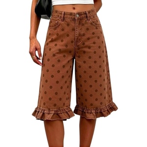 image:imageCHARTOU Women Y2k Polka Dot Jean Shorts Summer Casual Long Knee Length Denim Bermuda Shorts with Ruffle HemBrown