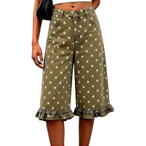 image:imageCHARTOU Women Y2k Polka Dot Jean Shorts Summer Casual Long Knee Length Denim Bermuda Shorts with Ruffle HemGreen