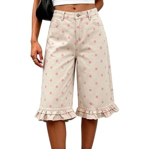 image:imageCHARTOU Women Y2k Polka Dot Jean Shorts Summer Casual Long Knee Length Denim Bermuda Shorts with Ruffle HemPink