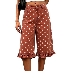 image:imageCHARTOU Women Y2k Polka Dot Jean Shorts Summer Casual Long Knee Length Denim Bermuda Shorts with Ruffle HemWine