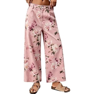 image:imageCHARTOU Womens Mid Rise Cropped Wide Leg Jeans Baggy Y2k Floral Denim Ankle Pants Boho Print Palazzo JeansPink