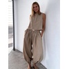 image:imageCHARTOU 2 Piece Vacation Outfits for Women Summer Tank Top Linen Baggy Balloon Wide Leg Pants Matching SetsKhaki