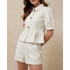 image:imageCHARTOU Button Down Denim Shirt Women Cute Puff Sleeve Short Tops Peter Pan Collar Peplum Jean BlouseBeige