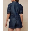 image:imageCHARTOU Button Down Denim Shirt Women Cute Puff Sleeve Short Tops Peter Pan Collar Peplum Jean BlouseDark Blue