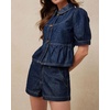 image:imageCHARTOU Button Down Denim Shirt Women Cute Puff Sleeve Short Tops Peter Pan Collar Peplum Jean BlouseDark Blue