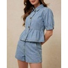 image:imageCHARTOU Button Down Denim Shirt Women Cute Puff Sleeve Short Tops Peter Pan Collar Peplum Jean BlouseLight Blue