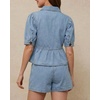 image:imageCHARTOU Button Down Denim Shirt Women Cute Puff Sleeve Short Tops Peter Pan Collar Peplum Jean BlouseLight Blue