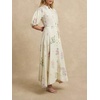 image:imageCHARTOU Women Floral Boho Maxi Dress Puff Short Sleeve Button Down Cotton Linen Shirt Dress with BeltBeige